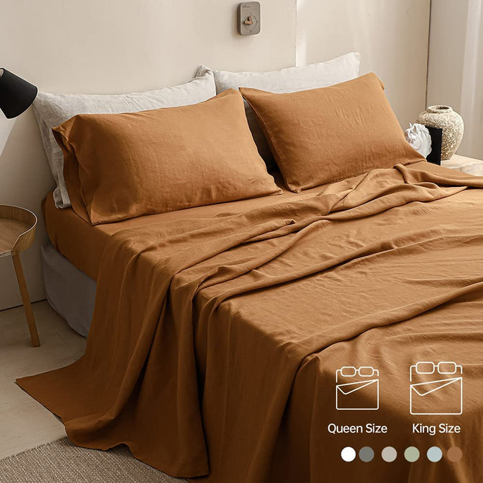Simple&Opulence 100% Linen Sheet Set Solid Color-4 Pcs Washed French Linen Bed Sheets(1 Flat Sheet,1 Fitted Sheet,2 Pillowcases)-Breathable Bedding Set (Rust, Queen)