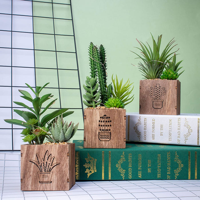 Set of 3 Artificial Succulents with Led Lights in Wooden Box, Artificial Plants Plastic Fake Topiary for Home/Office Decorations, Table Centerpiece