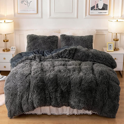 Plush Fluffy Duvet Cover Oeko-Tex Certified Luxury Ultra Soft Shaggy Crystal Velvet Bedding Set 3 Pieces(1 Duvet Cover + 2 Pillow Shams) Zipper Closure(Queen, Dark Gray)