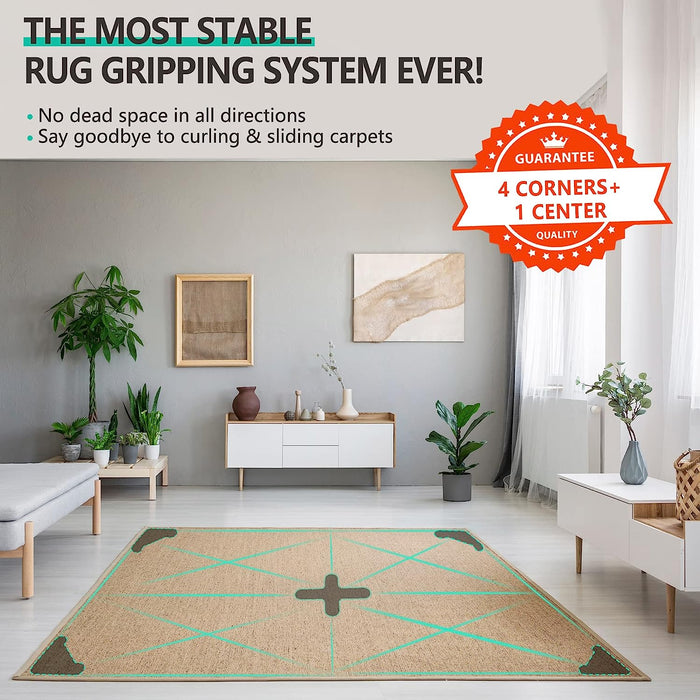15 Pairs Large Size Rug Gripper, Hook and Loop anti Slip Rug Corner Grips, Washable Area Carpet Rug Tape Pad, Reusable Stickers for Hardwood Floors Tiles Non Curl, 4 Corner+1 Center Combo