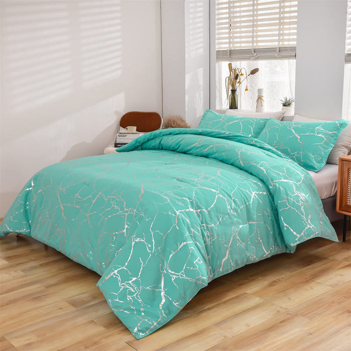 Silver Metallic Marble Comforter Set Queen Size Foil Print Glitter Bedding Set, Aqua/Silver