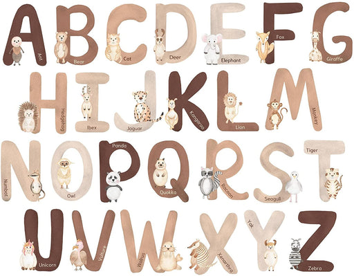 Neutral Animal Alphabet Wall Decals - 6-Inch Large Alphabet Letters for Wall | 26 English Abc Wall Stickers for Kids Featuring Cute Watercolor Animals | Perfect Abc Wall Decor for Neutral Nursery, Earthy Playroom, or Boho Classroom Decor