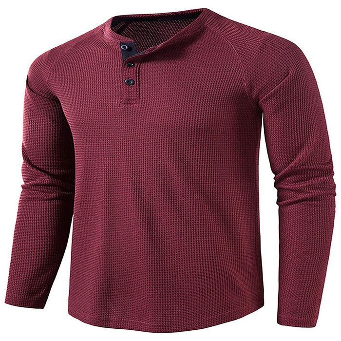 Mens Fashion Waffle T Shirts Henley Neck Solid Color Pullover Work Long Sleeve T-Shirt Red Wine L