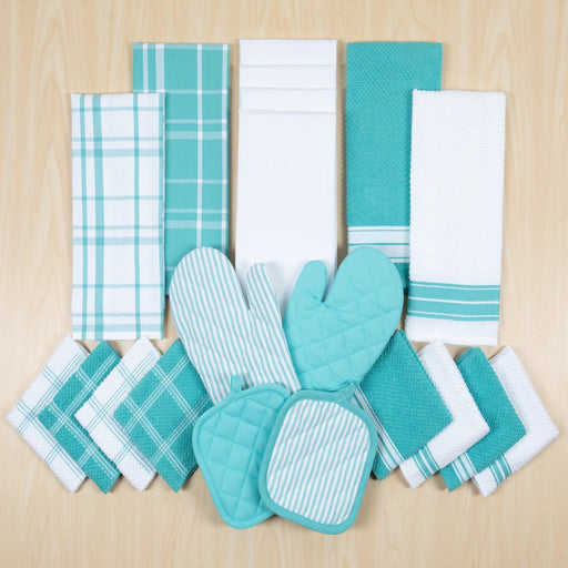 Mainstays, 20 Piece Set, Terry & Flat Kitchen Towel, Dish Cloth, Flour Sack, Oven Mitt, Pot Holder Aqua