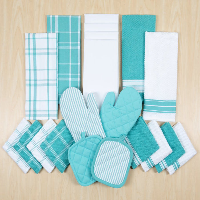 Mainstays, 20 Piece Set, Terry & Flat Kitchen Towel, Dish Cloth, Flour Sack, Oven Mitt, Pot Holder Aqua