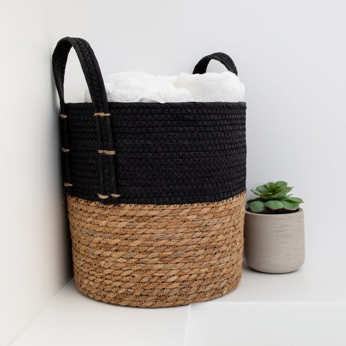 Set of 2 Natural round Storage Basket, Braided Seagrass & Paper Rope (MD+SM), Natural & Black