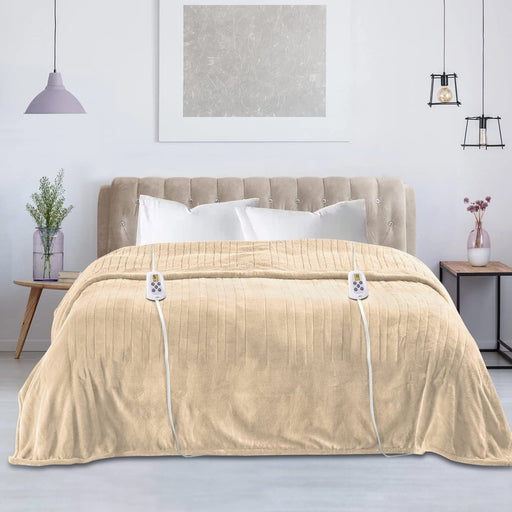 Electric Blanket Queen Size 84"X90" Flannel Heated Throw Blanket, Dual Controls Setting Electric Blanket, 10 Heating Levels, 12H Auto-Off, 5 Years Warranty, Machine Washable - Beige