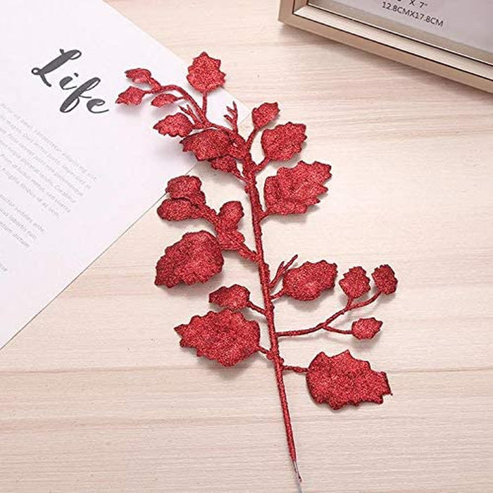 12PCS Christmas Glitter Leaves Picks Artificial Plant Leaves with Stem Xmas Tree Hanging Branches Christmas Tree Ornaments for DIY Wreath Crafts Holiday Home Decor