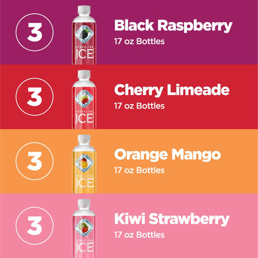 Sparkling Ice Purple Variety Pack, Flavored Sparkling Water, Zero Sugar, with Vitamins and Antioxidants, 17 Fl Oz, 12 Count (Black Raspberry, Cherry Limeade, Orange Mango, Kiwi Strawberry)