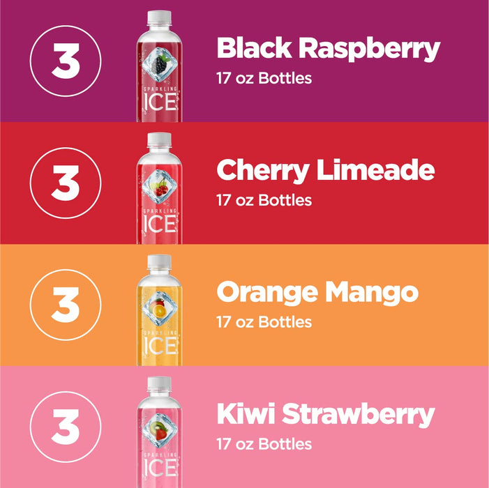 Sparkling Ice Purple Variety Pack, Flavored Sparkling Water, Zero Sugar, with Vitamins and Antioxidants, 17 Fl Oz, 12 Count (Black Raspberry, Cherry Limeade, Orange Mango, Kiwi Strawberry)