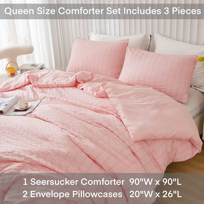 Blush Pink Seersucker Queen Comforter Set (90X90 Inches), 3 Pieces - 100% Soft Washed Microfiber Lightweight Comforter with 2 Pillowcases, All Season down Alternative Comforter Set for Bedding