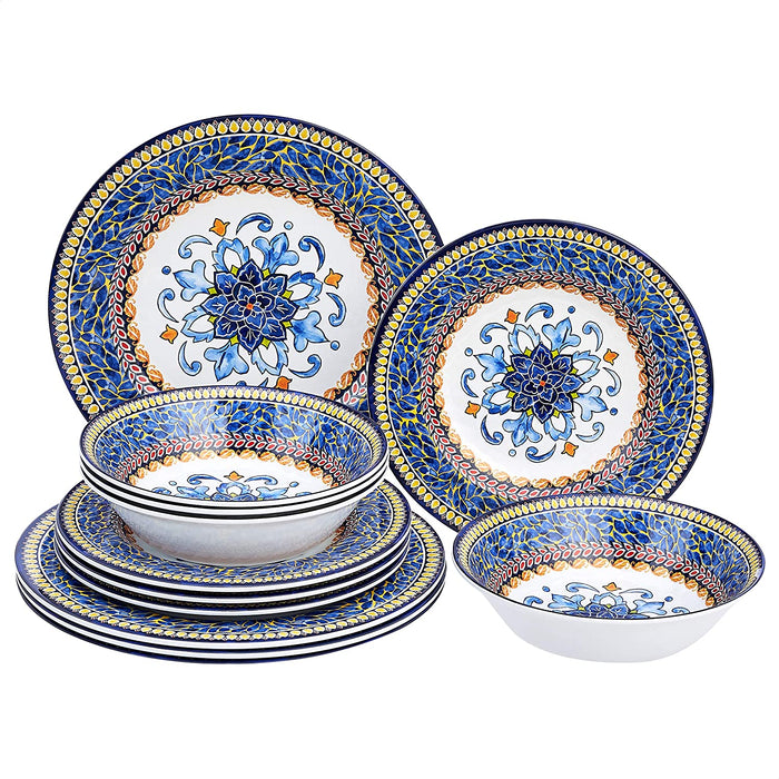 Melamine Dinnerware Set, Service for 4, Traditional Blue and White - Set of 12