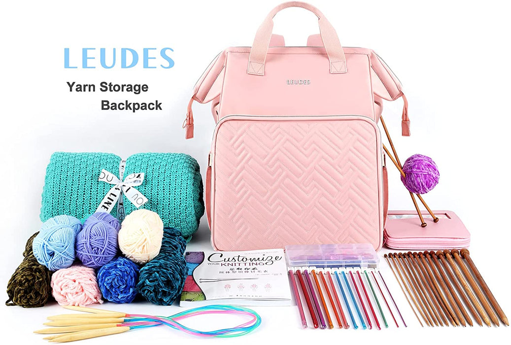 Knitting Bag Backpack, Yarn Storage Organizer Large Crochet Bag Tote Water Resistant Yarn Holder Case for Carrying Projects, Knitting Needles, Crochet Hooks and Other Accessories (Pink)