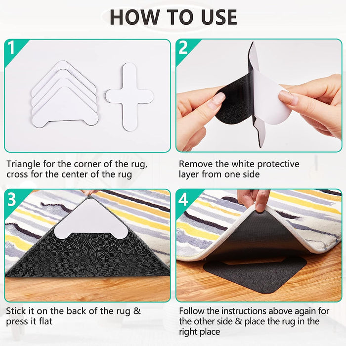 15 Pairs Large Size Rug Gripper, Hook and Loop anti Slip Rug Corner Grips, Washable Area Carpet Rug Tape Pad, Reusable Stickers for Hardwood Floors Tiles Non Curl, 4 Corner+1 Center Combo