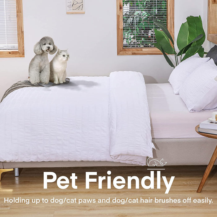 Seersucker Queen Comforter Set (90X90 Inches), 3 Pieces - 100% Soft Washed Microfiber Lightweight Comforter with 2 Pillowcases, All Season down Alternative Comforter Set for Bedding, White