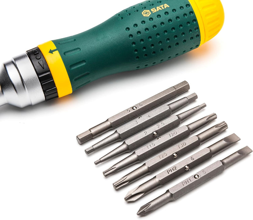 19-In-1 Multipurpose Ratcheting Screwdriver Set with 8 Double-Sided Bits and a Green and Yellow Oil-Resistant Handle - ST09350, 10 Piece
