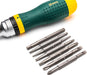 19-In-1 Multipurpose Ratcheting Screwdriver Set with 8 Double-Sided Bits and a Green and Yellow Oil-Resistant Handle - ST09350, 10 Piece