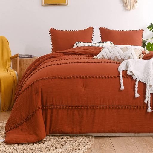 Burnt Orange Rust King Size Comforter Set,Boho Terracotta Pom Pom Cottagecore Farmhouse Bed Bedding Comforters Set for All Season 3 Pieces