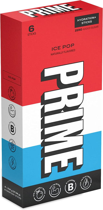 Prime Hydration+ Stick Pack | Electrolyte Drink Mix | 10% Coconut Water | 250Mg Bcaas | Antioxidants | Naturally Flavored | Zero Added Sugar | Easy Open Single-Serving Stick | Ice Pop, 6 Sticks