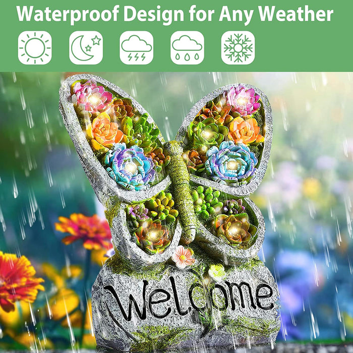 Solar Garden Sculptures & Statues -Succulent Butterfly Resin Craft Garden Statue Outdoor Decor with Solar Powered 8 LED Lights for Garden, Patio, Lawn, Yard, Balcony, Porch’