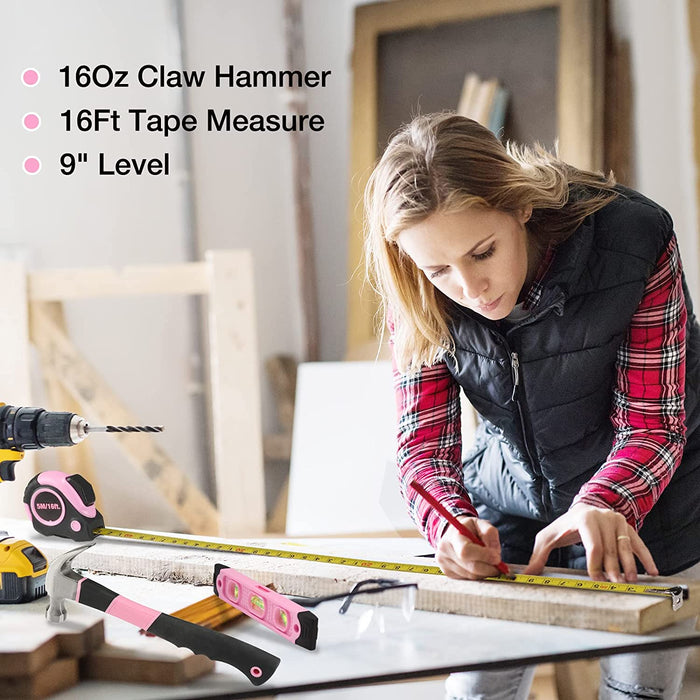 Pink Tool Kit - Hand Tool Set with Easy Carrying round Pouch - Durable, Long Lasting Chrome Finish Tools - Household Tool Kit Perfect for DIY, Home Maintenance - Pink Ribbon