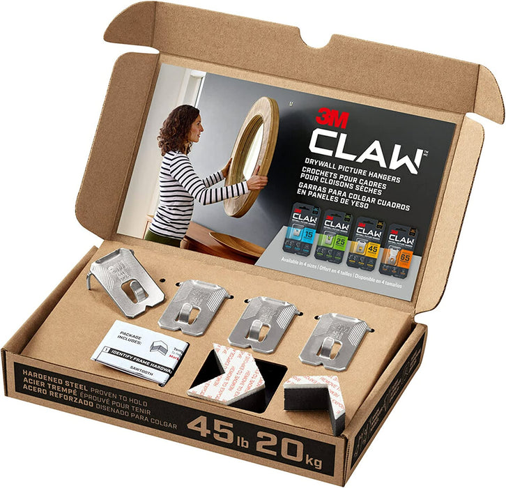 CLAW 3PH45M-4ESF Drywall Picture Temporary Spot, Holds 45 Lbs, 4 Hangers, 4 Markers/Pack, 4 Pack, Silver