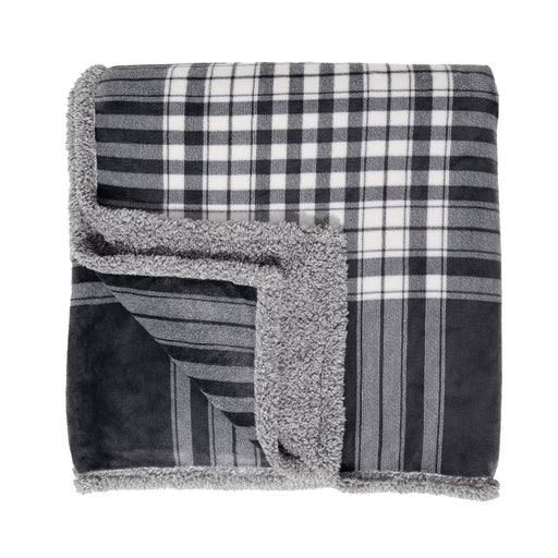 Berkshire Blanket Gray, White, Multi-Color Plaid Sherpa, Velvet Plush Reversible Bed Blanket Twin