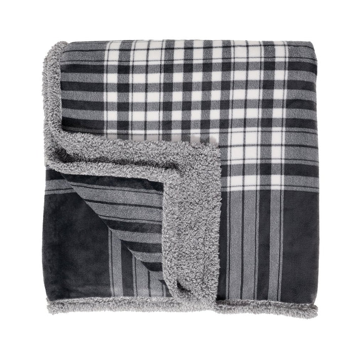 Berkshire Blanket Gray, White, Multi-Color Plaid Sherpa, Velvet Plush Reversible Bed Blanket Twin