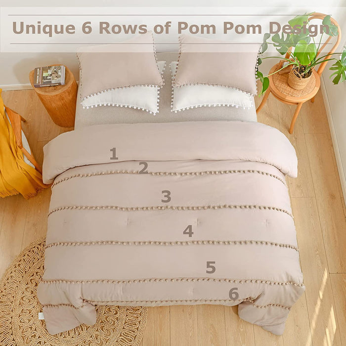 Taupe King Comforter Set Boho Bedding,Pom Pom Bohemian Bed Comforter King Bedding Set Lightweight 3 Pieces