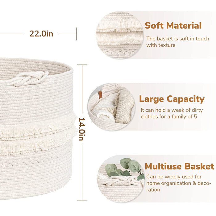 Large White Woven Storage Basket, Boho Decorative Basket for Home Decor, Towel Basket for Bathroom, Bedroom, Living Room, Baby Nursery Basket for Clothes, Toys, Blankets, 22 X 14 Inches