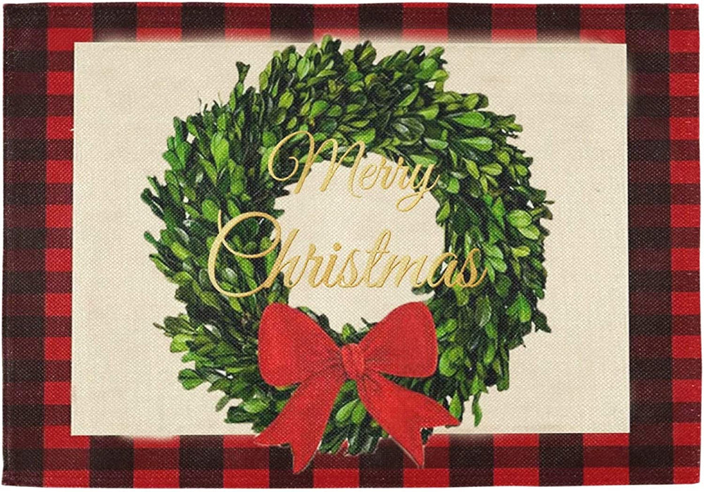 Pfrewn Christmas Holly Leaf Red Buffalo Plaid Placemats Set of 6 Table Mat Xmas Winter Place Mat Double-Sided Print 12" X 18" Dining Home Kitchen Table Decoration