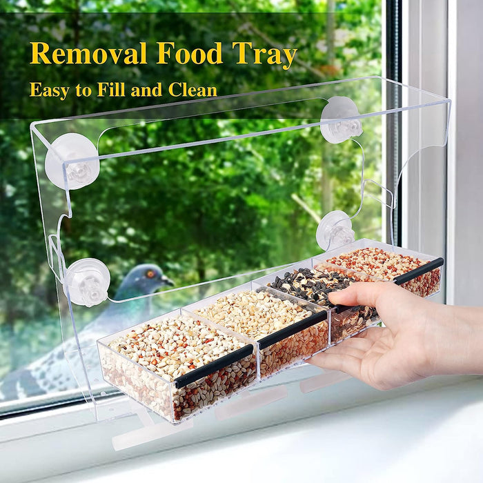Window Bird Feeder, Window Bird Feeders with Strong Suction Cups for Outside, Height Adjustable to 9.5 Inch, Removable Tray with 4 Compartments, Easy Clean and Fill, Clear Acrylic Bird House
