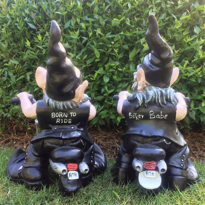 Homestyles "Biker Dude & Babe" the Biker Gnome in Leather Motorcycle Gear Riding Black and White Hogs Large Outdoor Garden Statue 12"H