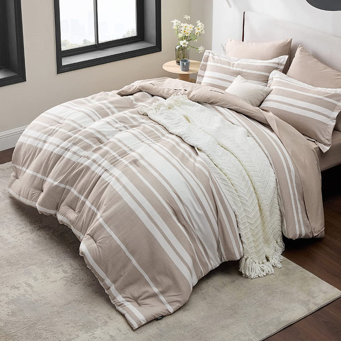 Bedsure Bed in a Bag Full Size 7-Piece Khaki White Striped Bedding Comforter Sets All Season Bed Set, 2 Pillow Shams, Flat Sheet, Fitted Sheet and 2 Pillowcases