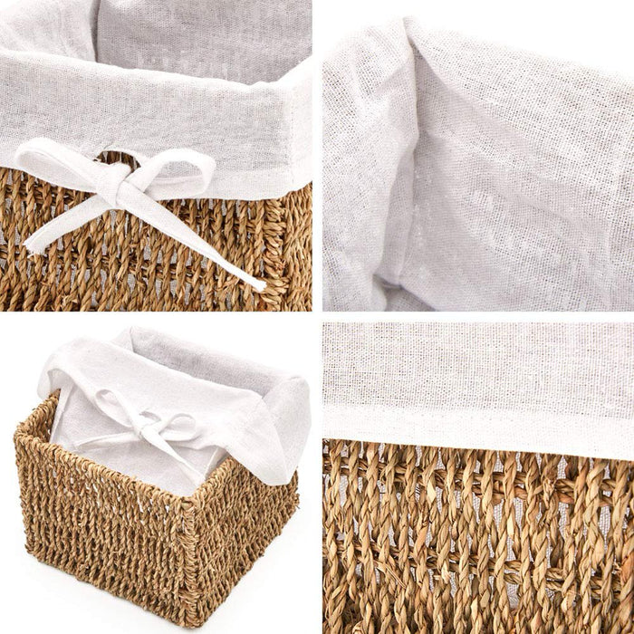 Natural Woven Seagrass Wicker Storage Nest Baskets Shelf Organizer Container Bins with Liner - Set of 4 ( 7 X 7 X 5.5 Inches)