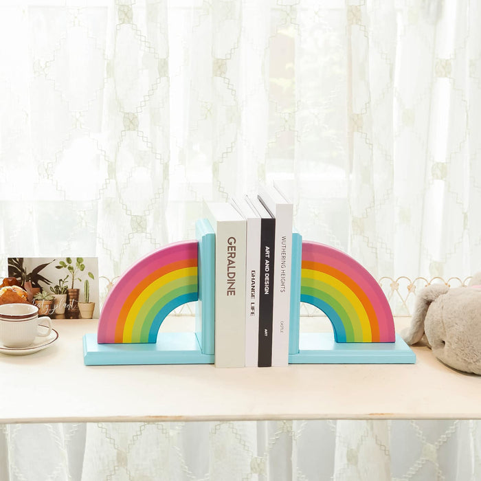 Wooden Rainbow Book Ends Non-Skid Cute Kids Bookends Book Stoppers for Girls Home Children'S Room Classroom Nursery Decor, Pack of 2