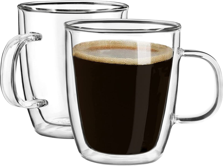 Double Wall Glass Coffee Mugs, (4-Pcak) 16 Ounces-Clear Glass Coffee Cups with Handle,Insulated Coffee Glass,Cappuccino Cups,Tea Cups,Latte Cups,Beverage Glasses Heat Resistant
