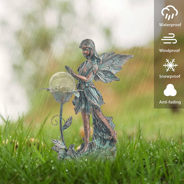 Large Garden Fairy Outdoor Statue, Solar Garden Sculptures & Statues with Crackle Glass Globe, Bronze Patina Garden Art for Lawn Patio Yard Decor 13.2 Inch