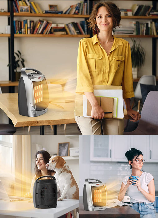 Portable Electric Space Heater with Thermostat, 1500W/750W Safe and Quiet Ceramic Heater Fan, Heat up 200 Square Feet for Office Room Desk Indoor Use, Silver