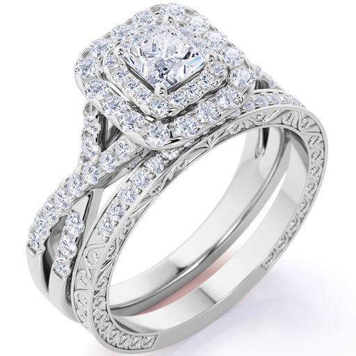 1.25 Ct - Square Moissanite - Double Halo - Twisted Band - Vintage Inspired - Pave - Wedding Ring Set in 18K White Gold over Silver