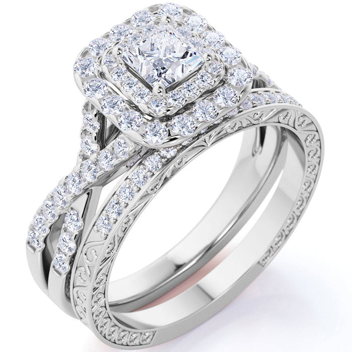 1.25 Ct - Square Moissanite - Double Halo - Twisted Band - Vintage Inspired - Pave - Wedding Ring Set in 18K White Gold over Silver