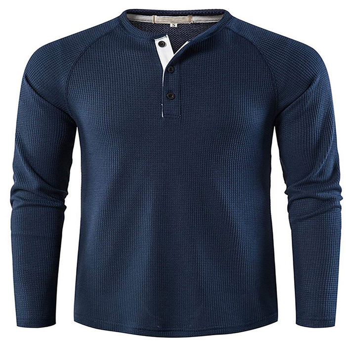 Mens Fashion Waffle T Shirts Henley Neck Solid Color Pullover Work Long Sleeve T-Shirt Blue 2XL