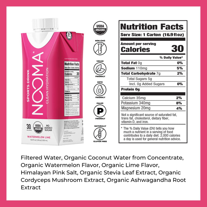 Organic Electrolyte Sports Drink | Electrolyte Drink with Organic Coconut Water | Workout Hydration Drink with No Added Sugar | 30 Calories | Pack of 12 Sports Drinks (16.9Oz) | Watermelon Lime
