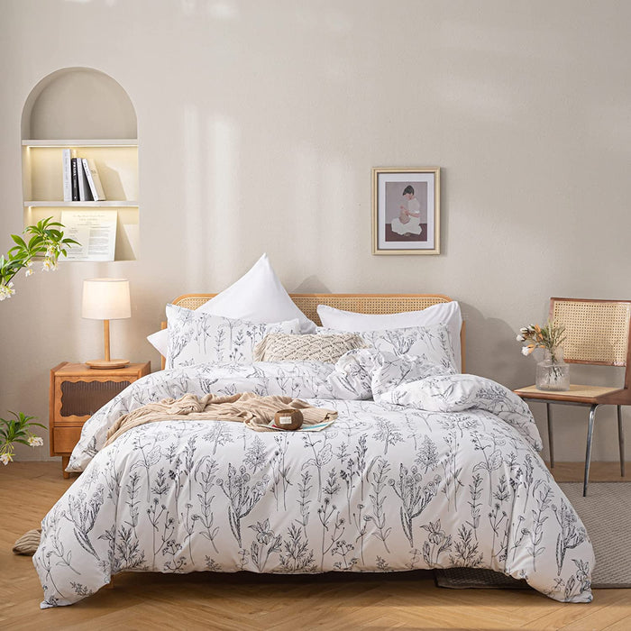3Pcs White Comforter Set, Soft Microfiber Bedding Plant Flowers Printed Comforter with 2 Pillow Cases for All Seasons(Queen)
