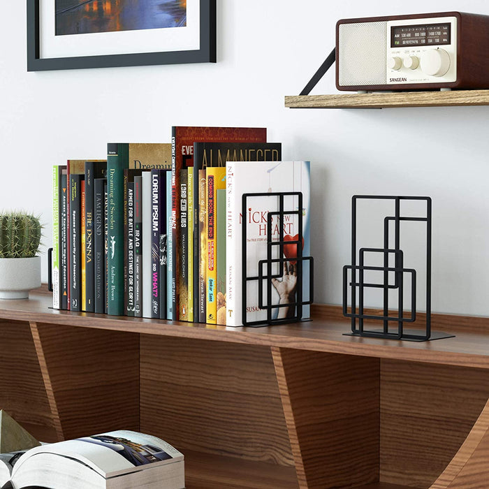 Book Ends Heavy Duty, Decorative Black Bookends for Shelves, Window Lattice Design