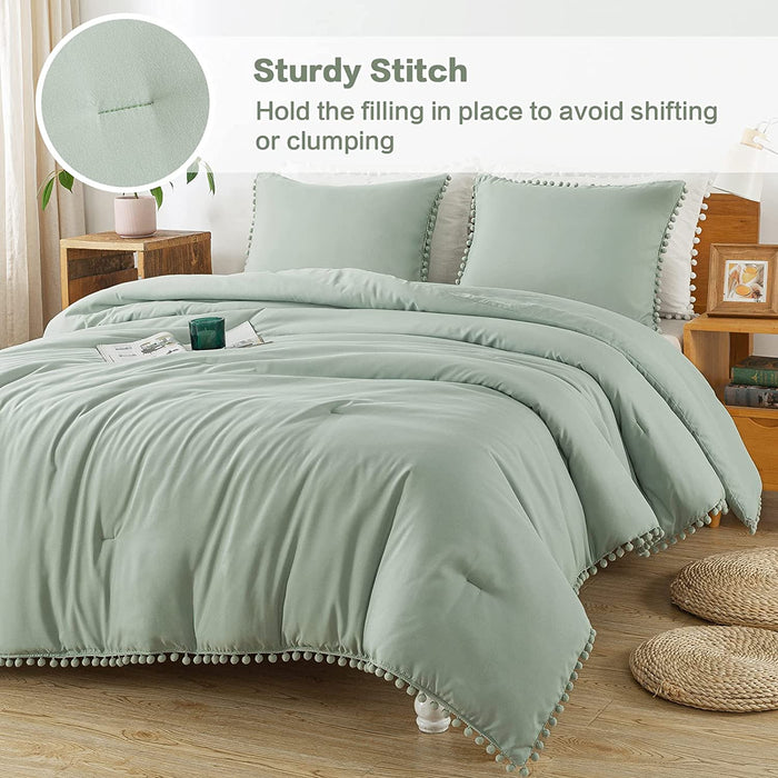 Sage Green Pom Pom Fringe Comforter Full(79X90 Inch), 3 Pieces(1 Boho Comforter and 2 Pillowcases) Aesthetic Ball Pom Comforter, Lightweight Soft Microfiber down Alternative Bedding Set