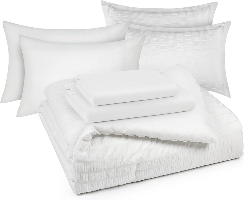 Queen Bed in a Bag White Seersucker Comforter Set with Sheets 7-Pieces All Season Bedding Sets with Comforter, Pillow Sham, Flat Sheet, Fitted Sheet and Pillowcase
