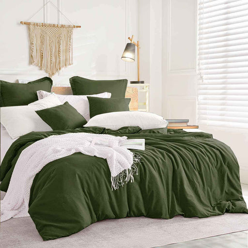 Bedding Comforter Set Queen Size, 7 Piece Boho Microfiber Bed in a Bag - Soft & Lightweight All Season Farmhouse down Alternative Comforter with Sheets for Women Men, Solid Dark Olive Green