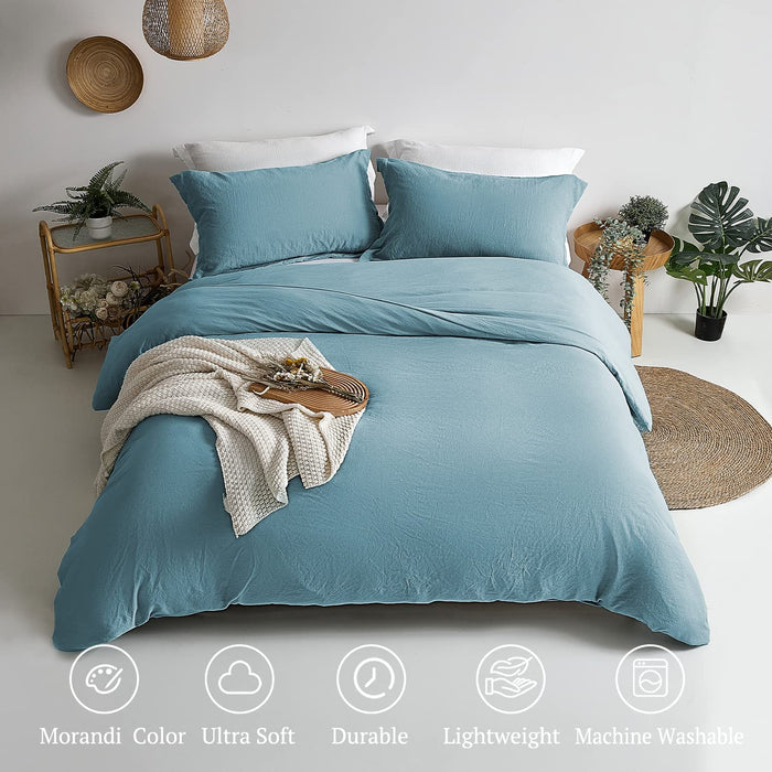 Duvet Cover Queen Size - Super Soft Grayish Blue Duvet Cover Set 3 Piece 100% Washed Microfiber Bedding Set with Zipper Closure, 1 Comforter Cover 90X90 Inches and 2 Pillow Shams