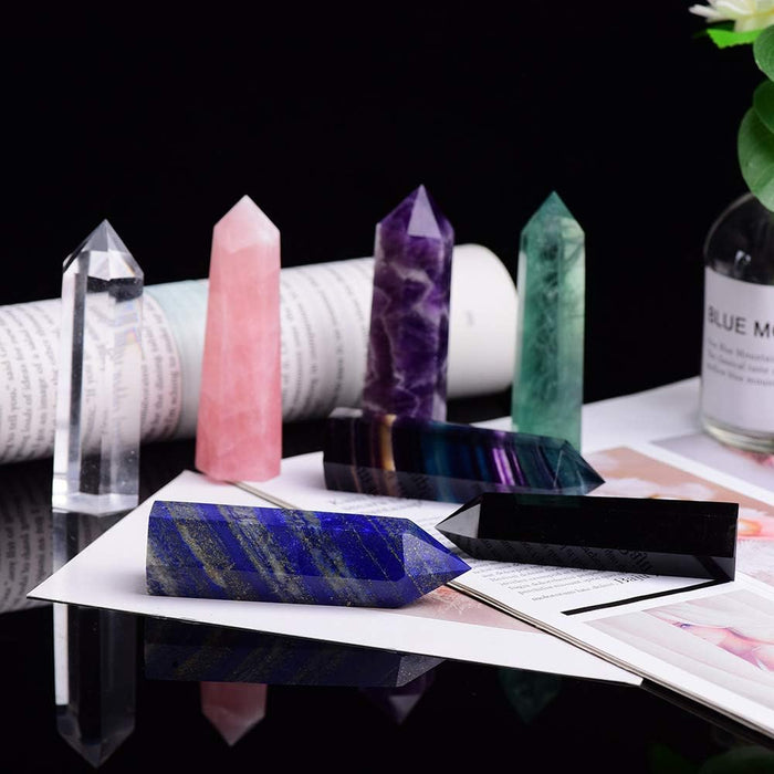 7Pcs Natural Crystal Healing Wands, Height 3.3"-3.5" Single Point Healing Crystal Wand 6 Faceted Reiki Chakra Stones Crystal Healing Prism for Reiki, Home Decor